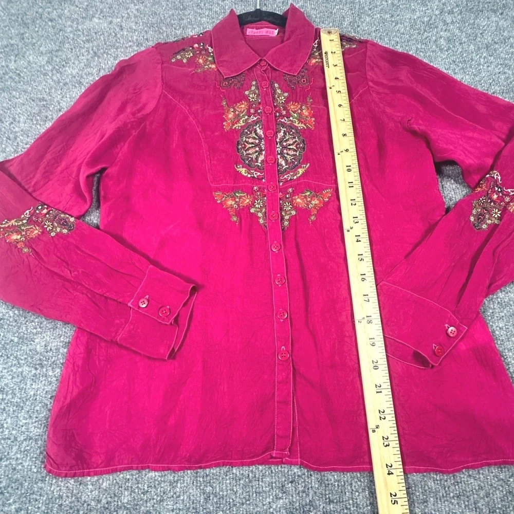 Johnny Was Magenta Pink Embroidered Rayon Button‎ Down Shirt Boho Floral Top